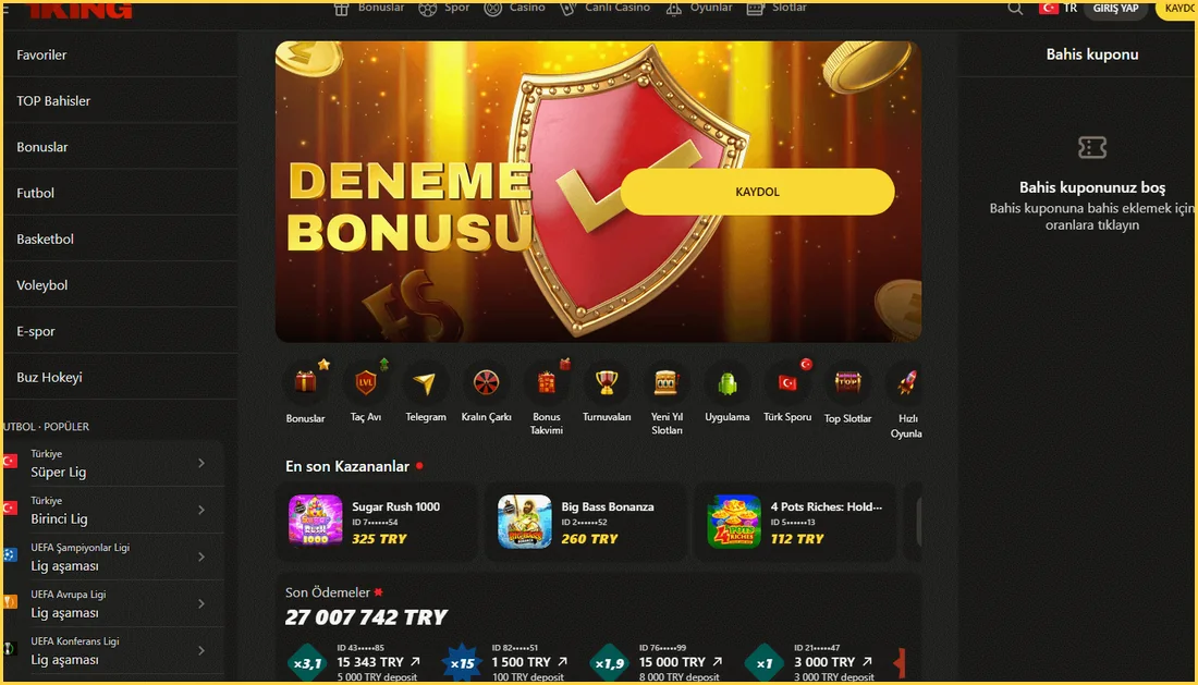 1King Casino ana sayfa görünümü: spor menüsü, deneme bonusu ve son kazananlar – güncel ekran